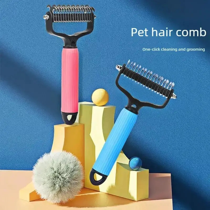 Double-Sided Stainless Steel Pet Detangling Comb for Dogs - Grooming Tool for Coat Care and Shedding Removal with One-Click Cleaning Feature