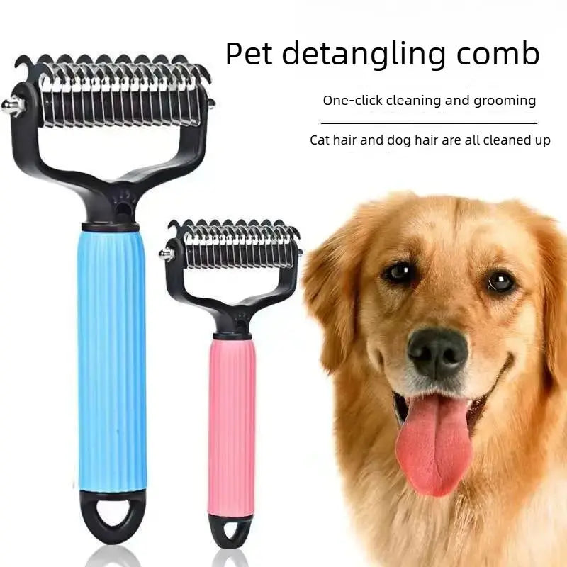 Double-Sided Stainless Steel Pet Detangling Comb for Dogs - Grooming Tool for Coat Care and Shedding Removal with One-Click Cleaning Feature
