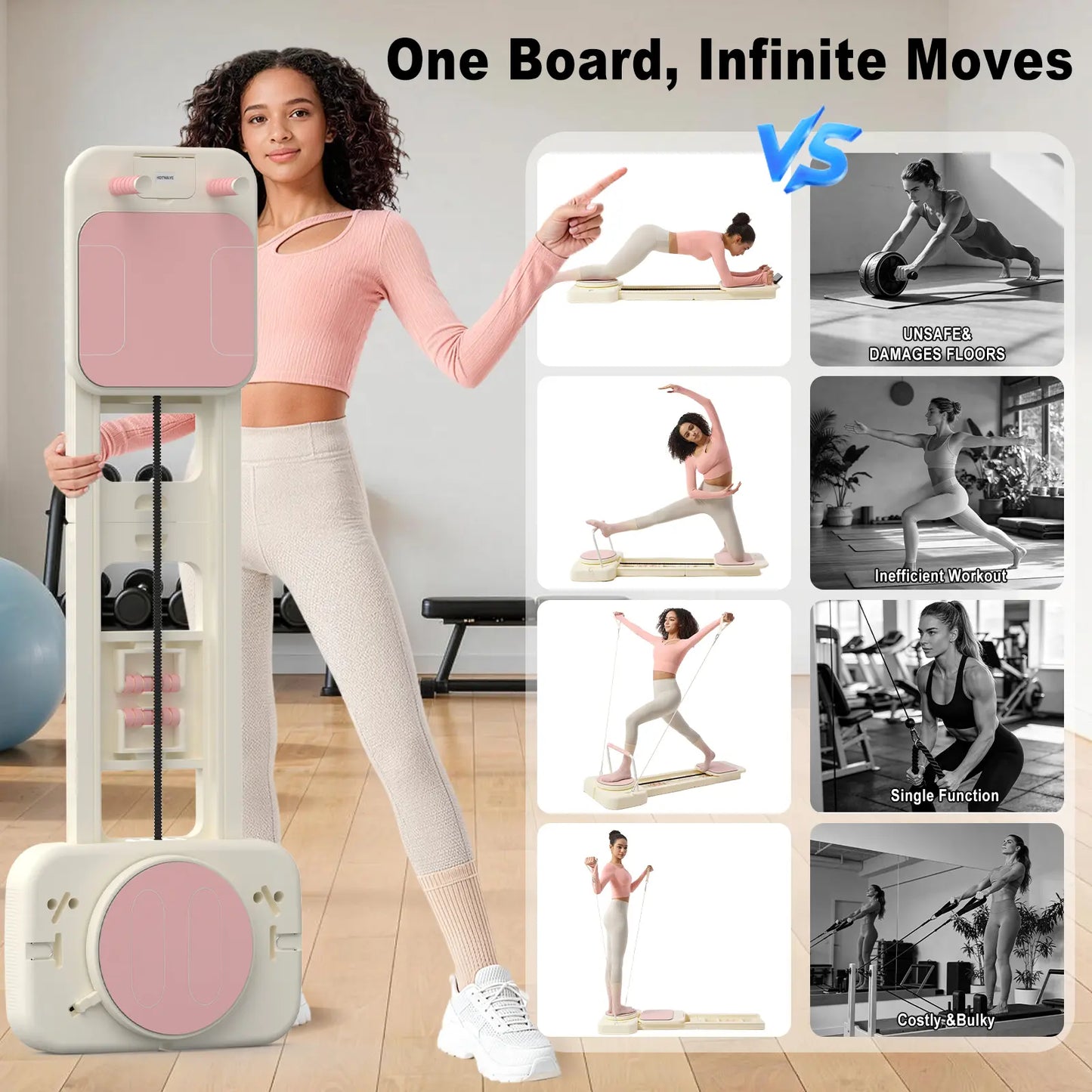 HOTWAVE Portable Pilates Reformer, 7-In-1 Pilates Board for Home Gym, Foldable Machine with High-Strength Steel Rails 440Lbs Max Capacity, Adjustable 20Lbs & 60Lbs Resistance Bands, Professional Full-Body Sculpting Equipment Summerwins