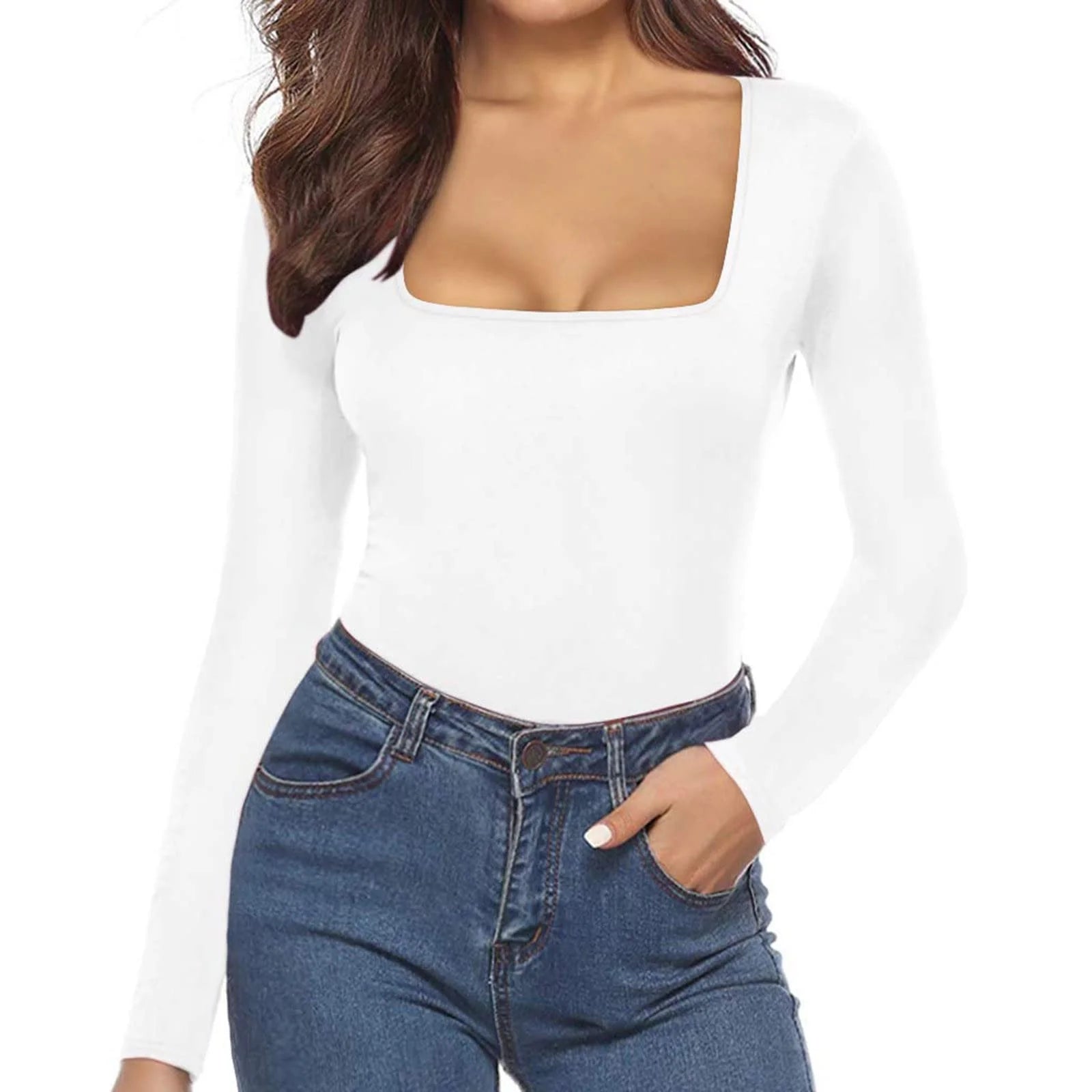 Long Sleeve Bodysuit for Women Black Square Neck Stretchy Sexy Slim Fit Tops Bodysuit Jumpsuit Shapewear