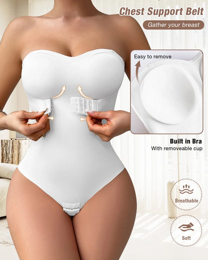 Strapless Shapewear Bodysuits for Women Tummy Control Shapewear Thong Bodysuit with Built in Bra Body Shaper
